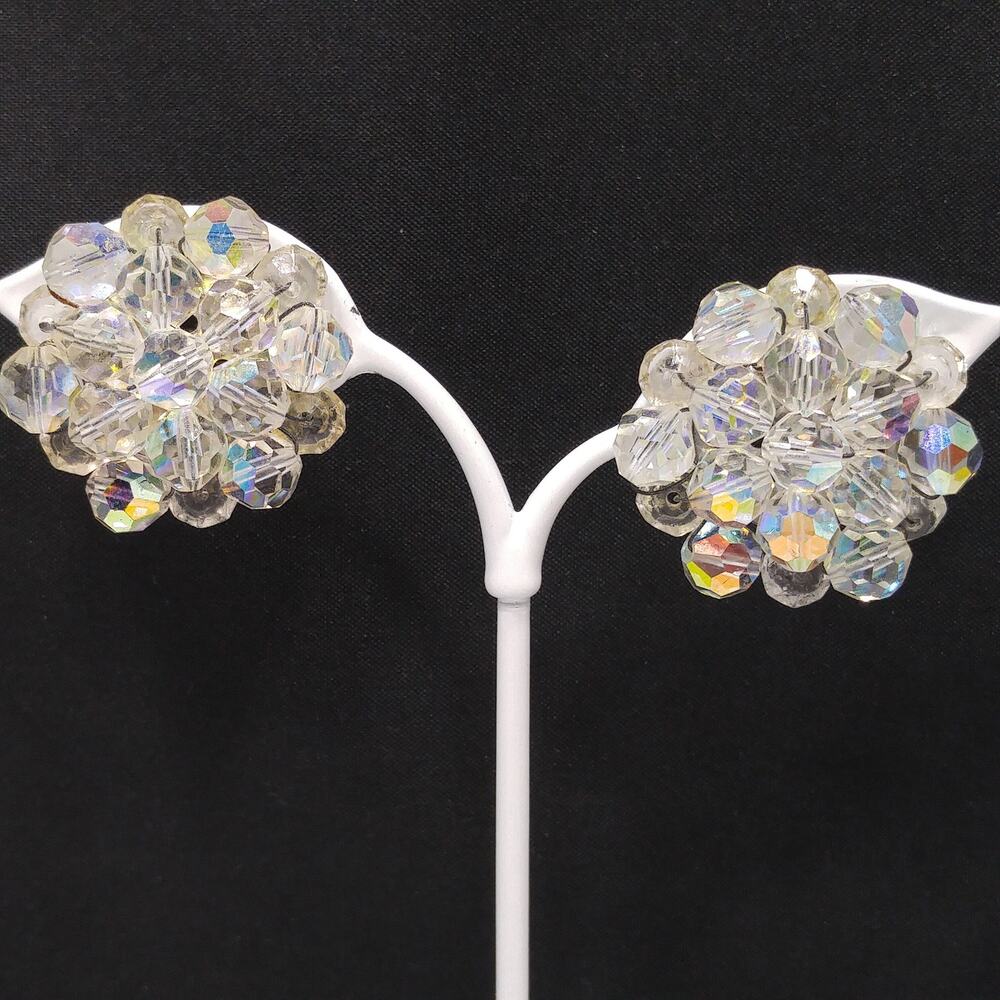 Clear Crystal Beaded Clip Earrings, Aurora Borealis Crystal Beads, 1950s